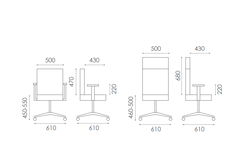 Xesus 1 – Medium and High Back Occasional Task Chair Dimensions Img